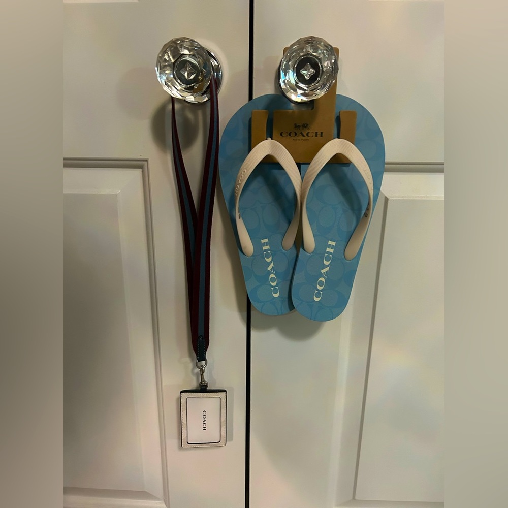 Coach flip flops and lanyard. Blue and white with wine stripe on lanyard. New!